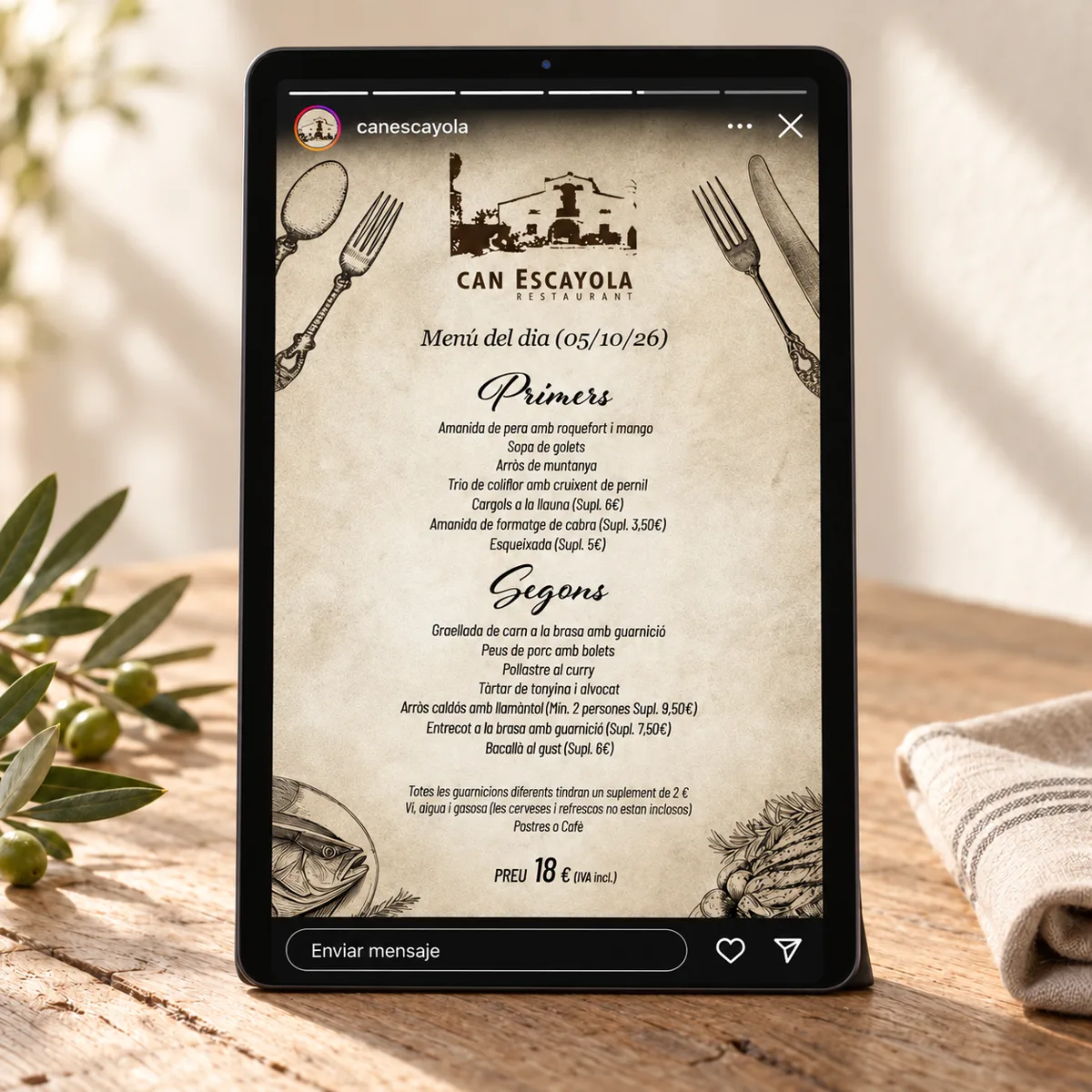 Mockup d’una història d’Instagram de canescayola amb el menú del 5 d’octubre de 2026 en una tablet